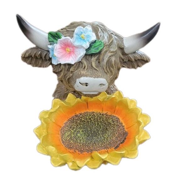 Hobby Lobby Large 11" Highland Cow Spring Summer Garden Sunflower Resin Figurine - Picture 2 of 7
